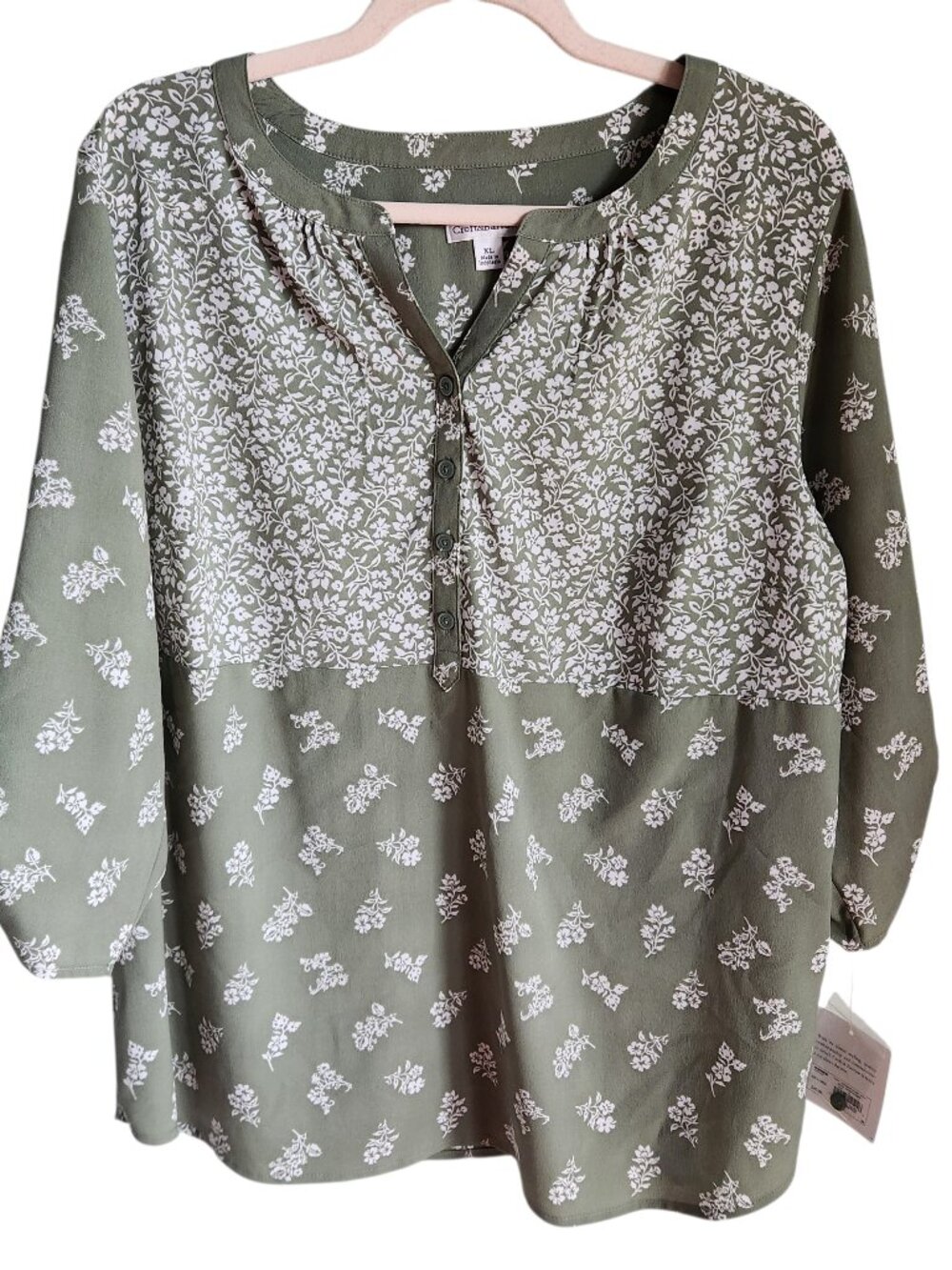 Croft & Barrow Shirt XL Green Woman's Sage Green Floral 3/4 Sleeve Blouse Top